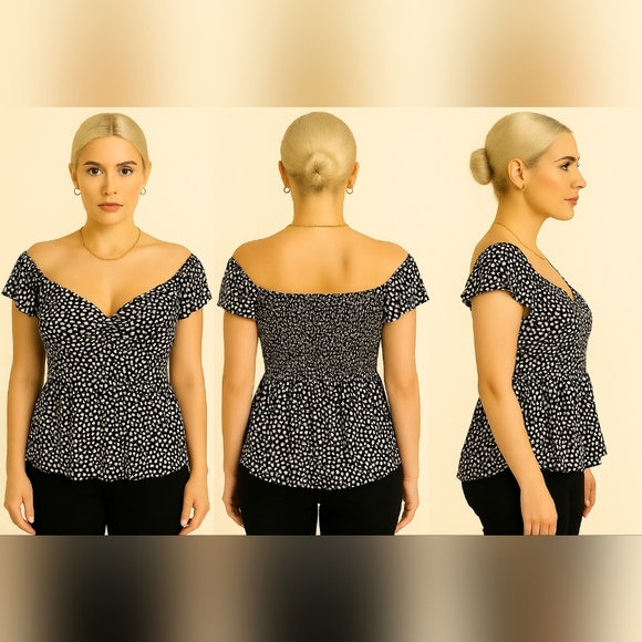 APNA Womens Black and White Polka Dot Ruffled Cap Sleeve Blouse - Picture 4 of 4